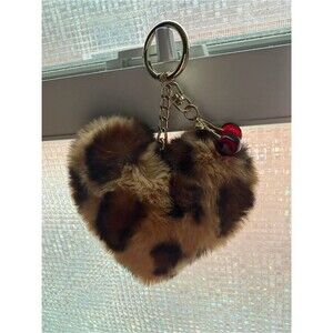 Faux Fur Leopard Heart Keychain - Brown